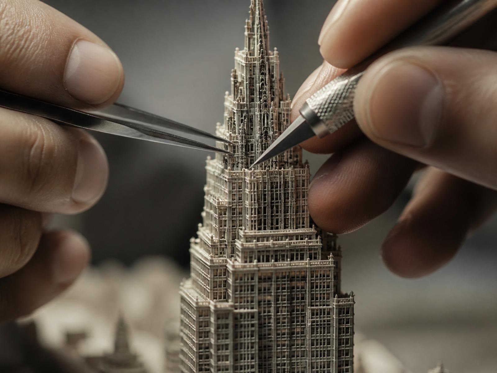 An artisan applying fine detail to a miniature architectural model